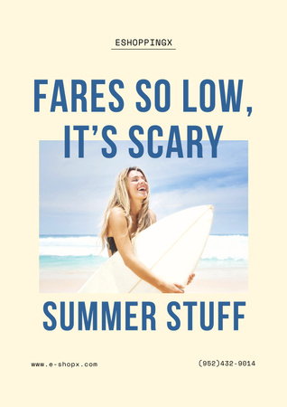 Template di design Surfista della giovane donna sulla spiaggia di estate Poster