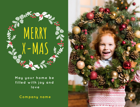 Ontwerpsjabloon van Postcard 4.2x5.5in van Christmas Greeting Little Girl with Decorated Wreath