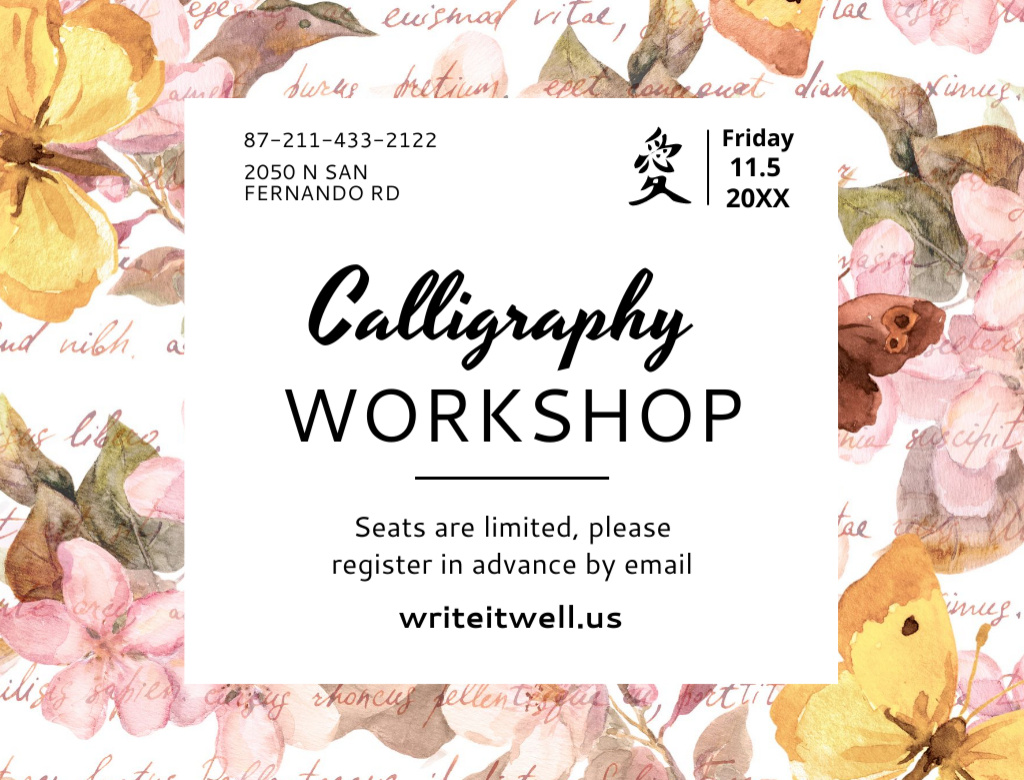 Calligraphy Course Invitation with Retro Watercolor Illustration Postcard 4.2x5.5in Design Template