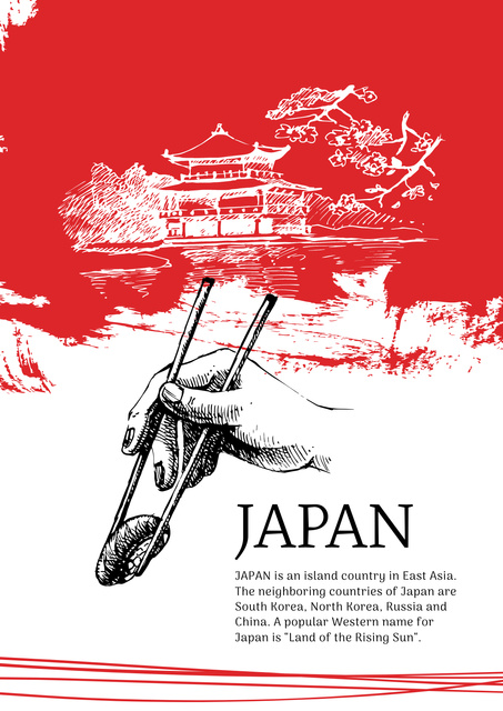 Japanese pagoda and sushi Poster Πρότυπο σχεδίασης