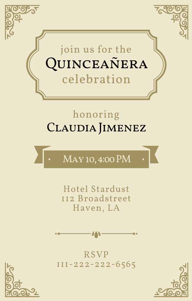 Stylish Quinceañera Celebration Announcement With Ornaments Invitation 4.6x7.2inデザインテンプレート
