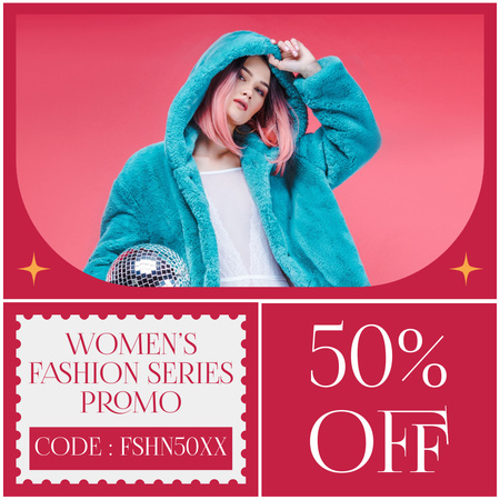 Women's Collection Sale with Stylish Woman in Blue Fur Coat Instagram AD Design Template