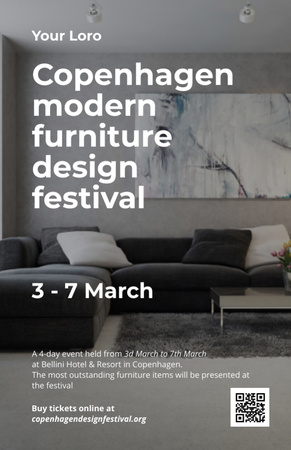 Anúncio de evento de design de móveis com sofá cinza Invitation 5.5x8.5in Modelo de Design