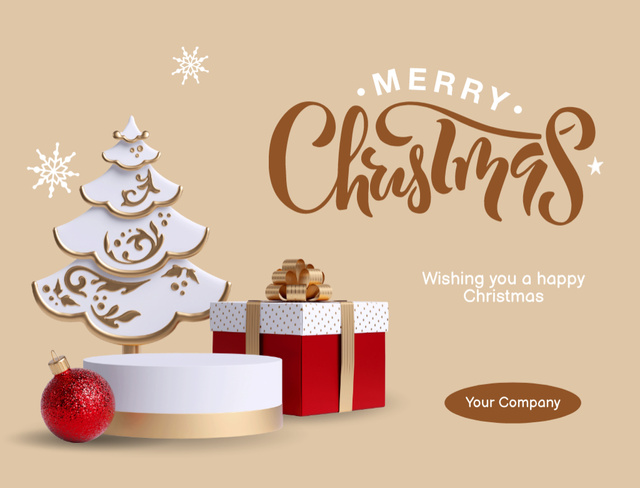 Plantilla de diseño de Christmas Cheers with Present and Tree in Beige Postcard 4.2x5.5in 