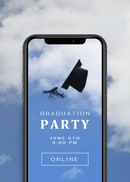 Graduation Party Announcement with Hat on Phone Screen Invitation Design Template