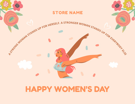 Women's Day Greeting with Strong Girl Thank You Card 5.5x4in Horizontal Design Template