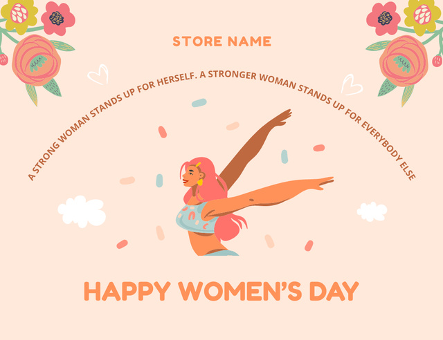 Women's Day Greeting with Strong Girl Thank You Card 5.5x4in Horizontal Πρότυπο σχεδίασης