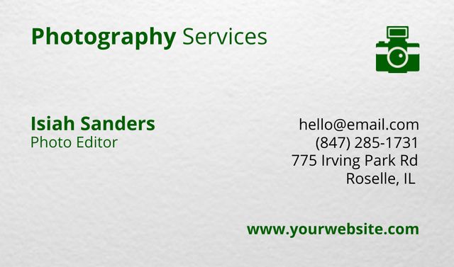 Photography Services Offer with Camera Icon Business Card USデザインテンプレート