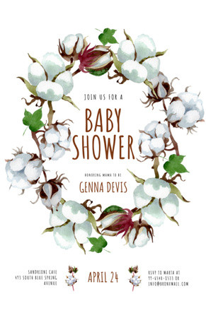 Baby Shower Event Cotton Flowers Wreath Illustration Invitation 5.5x8.5in Šablona návrhu