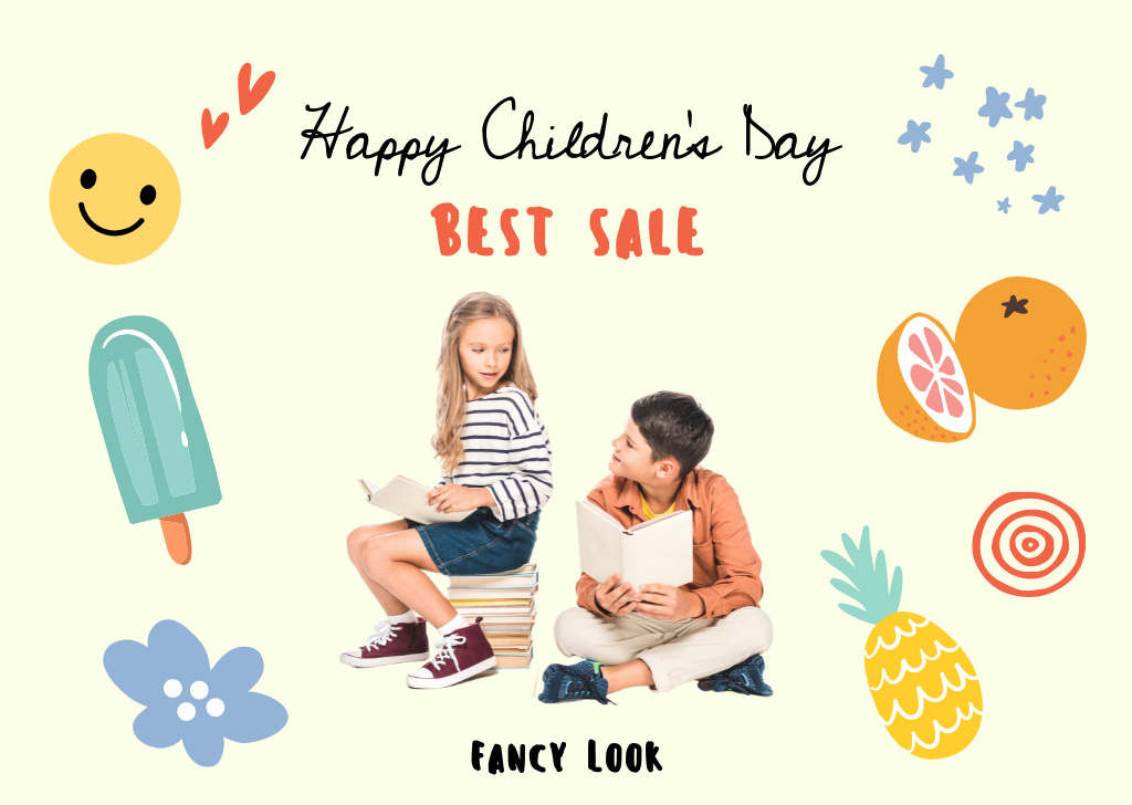 Children's Day with Cheerful Children Reading Books Card Design Template