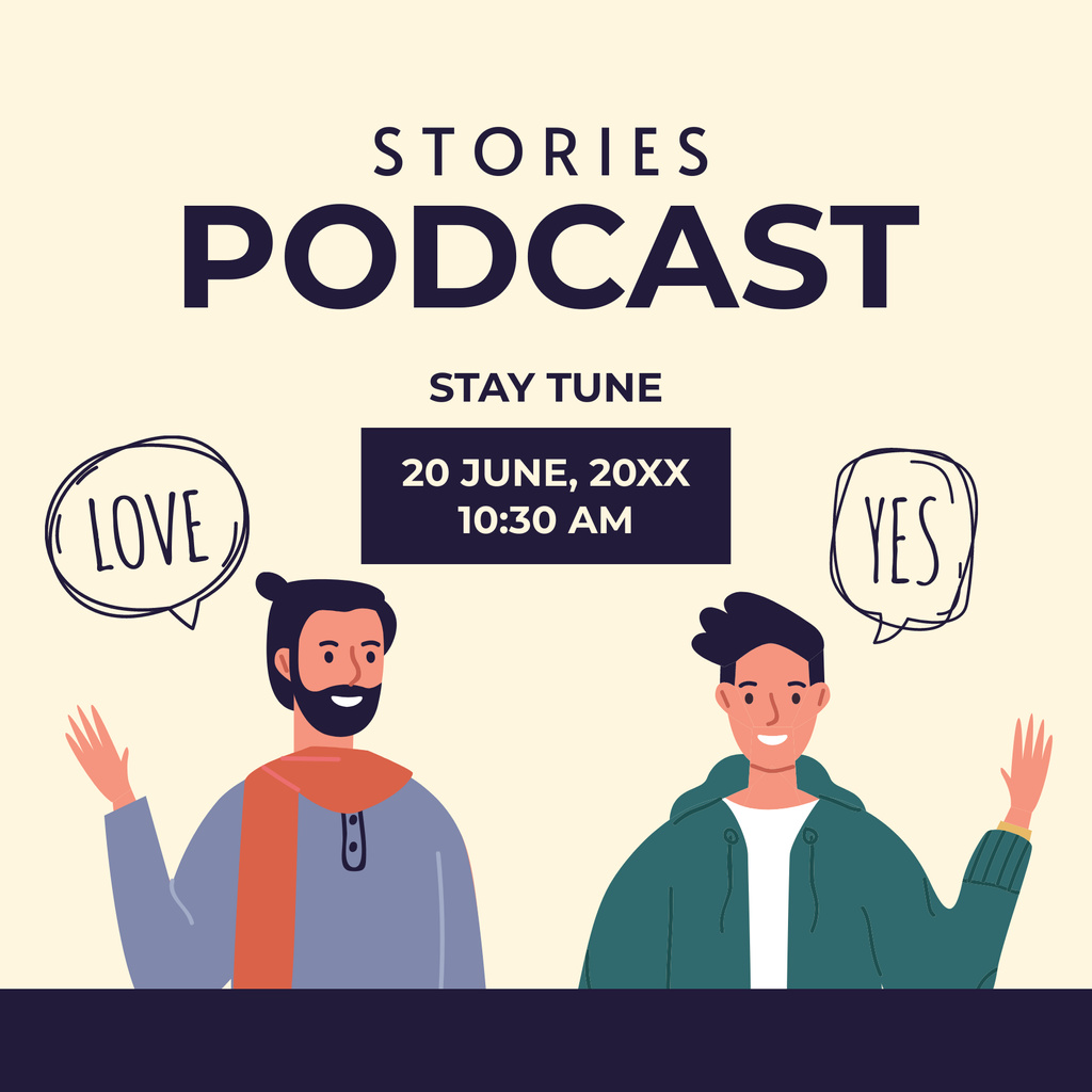 Podcast Stories Announcement with People Talking Podcast Cover tervezősablon