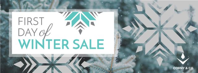 Szablon projektu First Winter Day Sale with Tree Covered in Snow Facebook cover