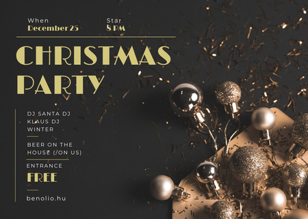 Christmas Party Invitation with Shiny Golden Baubles Flyer A6 Horizontal Design Template