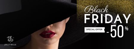 Ontwerpsjabloon van Facebook cover van Speciale aanbieding Black Friday met vrouw in stijlvolle hoed