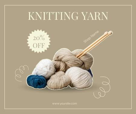 Set of Wool Yarn and Knitting Needles on Beige Facebook Design Template
