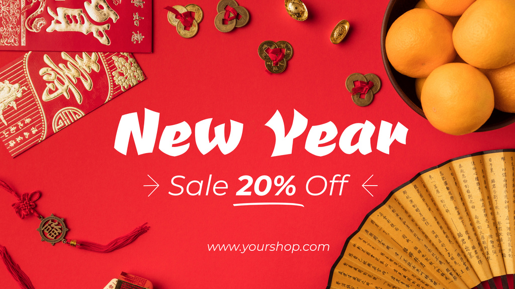 Chinese New Year Discount Announcement With Festive Symbols FB event cover tervezősablon