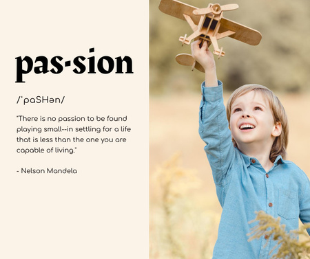 Modèle de visuel citation inspirante avec enfant tenant l'avion jouet en bois - Facebook