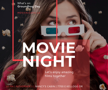 Movie Night Event Woman in 3d Glasses Facebook Design Template