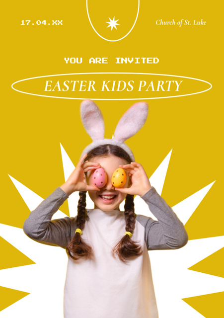 Easter Party Invitation with Funny Little Girl with Colored Eggs Flyer A7 Design Template