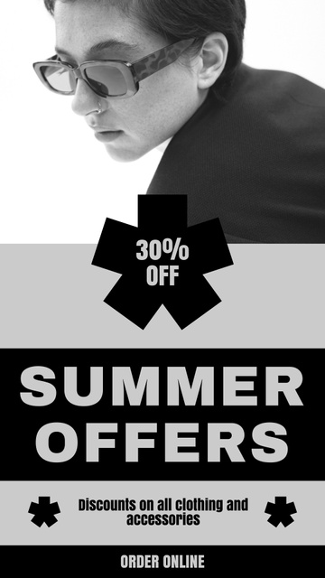 Summer Offer of Clothing and Accessories on Black and White Ad Instagram Story Design Template