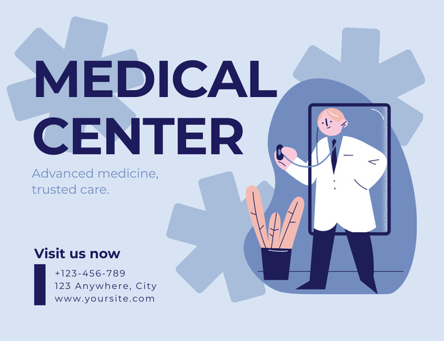 Medical Center Ad with Illustration of Doctor on Blue Thank You Card 5.5x4in Horizontal Design Template