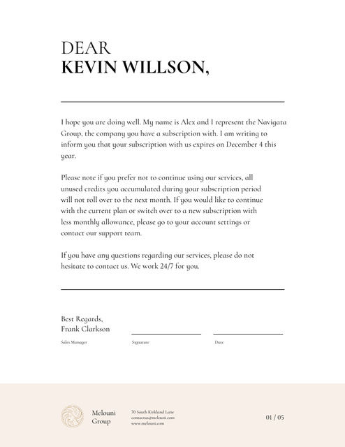 Subscription Services Notification In White Letterhead 8.5x11in Design Template
