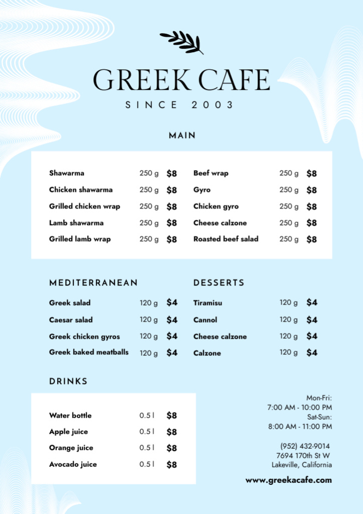 Greek Cafe Services Offer Menu tervezősablon