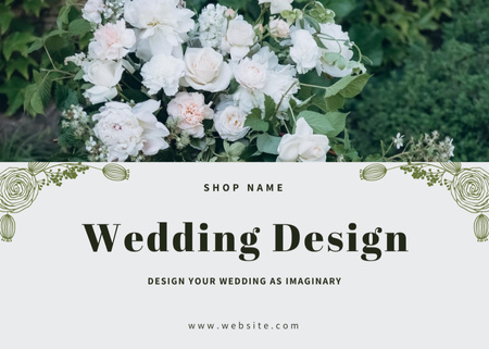 Designvorlage Wedding Design Studio Ad with Bunch of Fresh White Roses für Postcard 5x7in