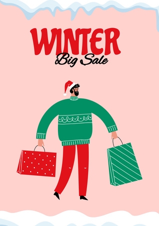 Big Winter Sale Announcement with Shopping Man Poster A3 Πρότυπο σχεδίασης