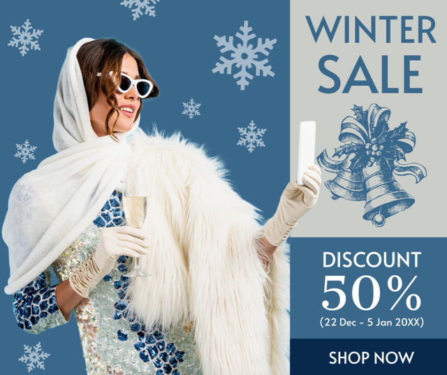 Winter Sale with Stylish Woman in Fur Facebook Tasarım Şablonu