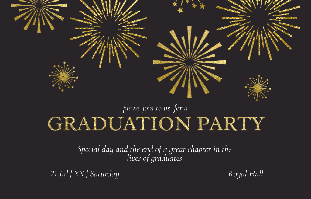 Ontwerpsjabloon van Invitation 4.6x7.2in Horizontal van Graduation Party Announcement With Bright Golden Fireworks