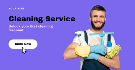 Discount Cleaning Service Ad with Man in Blue Gloves Facebook AD Design Template