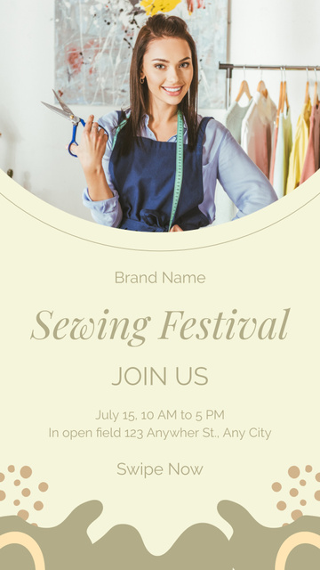 Plantilla de diseño de Sewing Festival Announcement with Smiling Seamstress with Scissors Instagram Story 
