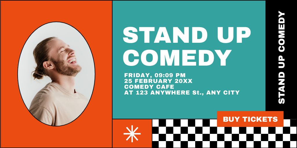 Stand-up Comedy Show Ad with Smiling Comedian Twitter Design Template