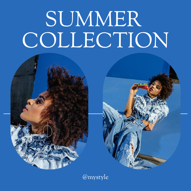Summer Collection Ad with Woman in Blue Outfit Instagramデザインテンプレート