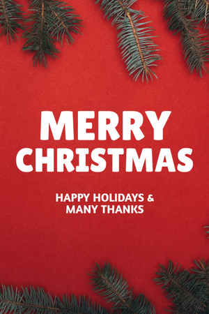 Merry Christmas and Happy Holidays Wishes with Branches on Red Postcard 4x6in Vertical Design Template