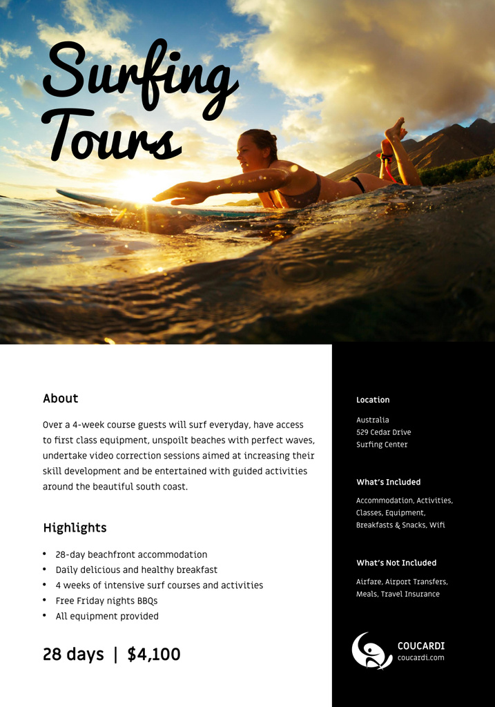 Ad of Surfing Tours Offer with Woman on Surfboard Poster 28x40in Πρότυπο σχεδίασης