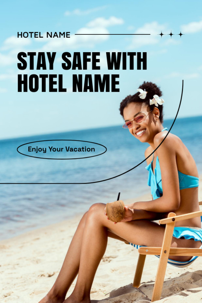 Beach Hotel Ad with Beautiful Woman near Sea Flyer 4x6in Modelo de Design