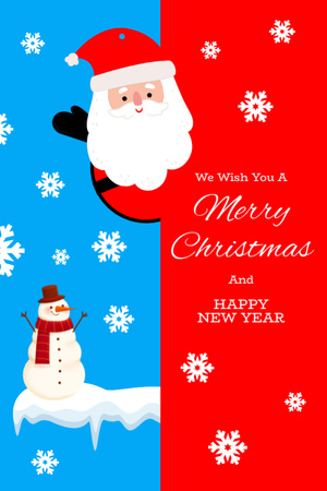 Christmas and New Year Wishes with Cute Santa and Snowman Postcard 4x6in Vertical Design Template