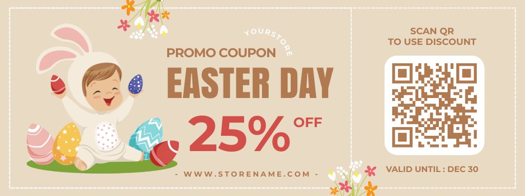 Easter Discount Offer with Cartoon Baby Girl Wearing Easter Bunny Costume Coupon Tasarım Şablonu