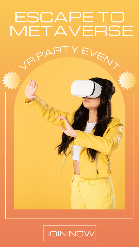 Virtual Party Invitation with Young Lady in VR Glasses Instagram Storyデザインテンプレート