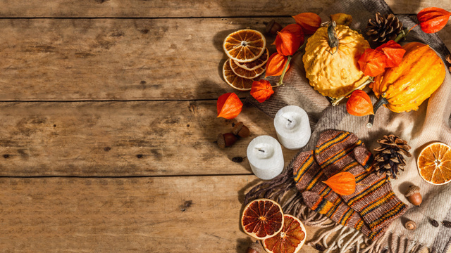 Autumn Mood with Vegetables and Candles on Table Zoom Background Tasarım Şablonu