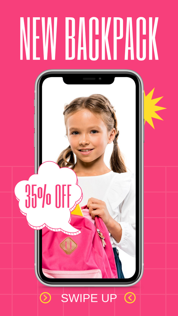 Discount on New Backpacks with Schoolgirl and Smartphone Instagram Story Πρότυπο σχεδίασης