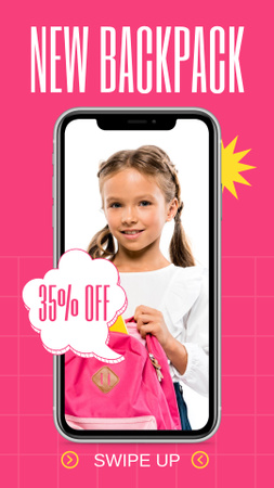Discount on New Backpacks with Schoolgirl and Smartphone Instagram Story Design Template