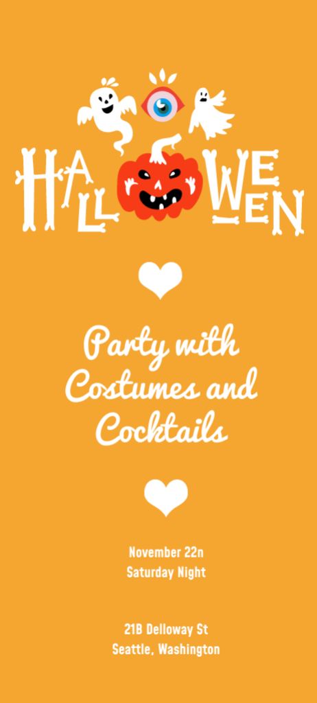 Halloween Party Announcement with Pumpkin and Ghosts on Yellow Invitation 9.5x21cm – шаблон для дизайна
