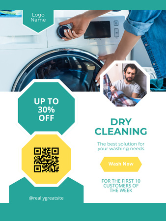 Kuru Temizleme Hizmetleri Reklamı ve Çamaşır Yıkayan Adam Poster US Tasarım Şablonu