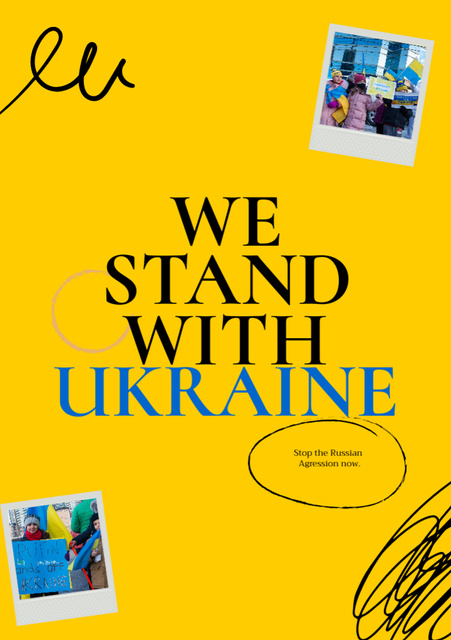 We Stand with Ukraine Quote on Yellow with Photos Flyer A5 Šablona návrhu