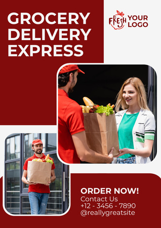 Plantilla de diseño de Anuncio de servicios de entrega de comestibles con hombre dando paquete a mujer Poster 