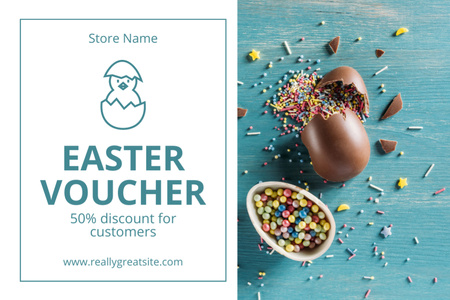 Ontwerpsjabloon van Gift Certificate van Easter Offer with Broken Chocolate Easter Egg and Multicolored Sweets