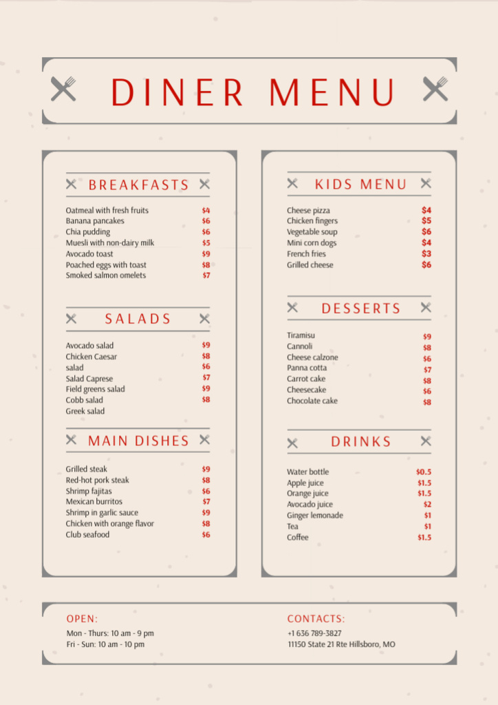 List of Diner's Offers Menu Modelo de Design